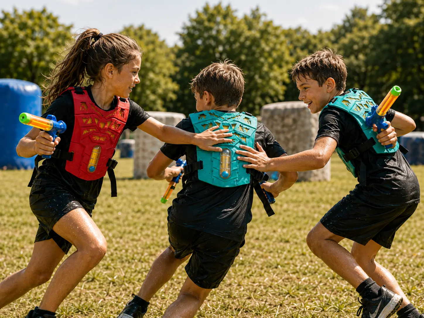 Enfants en stratégie d’équipe pendant une activité Watertag en plein air