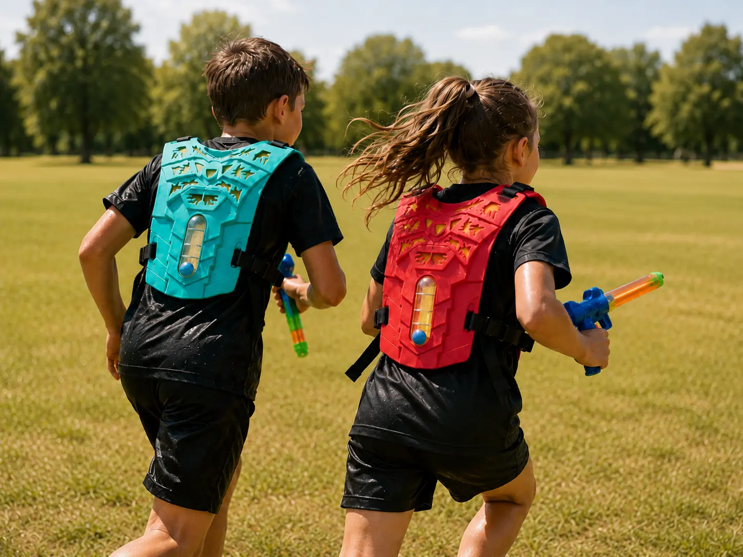 Enfants en stratégie d’équipe pendant une activité Watertag en plein air