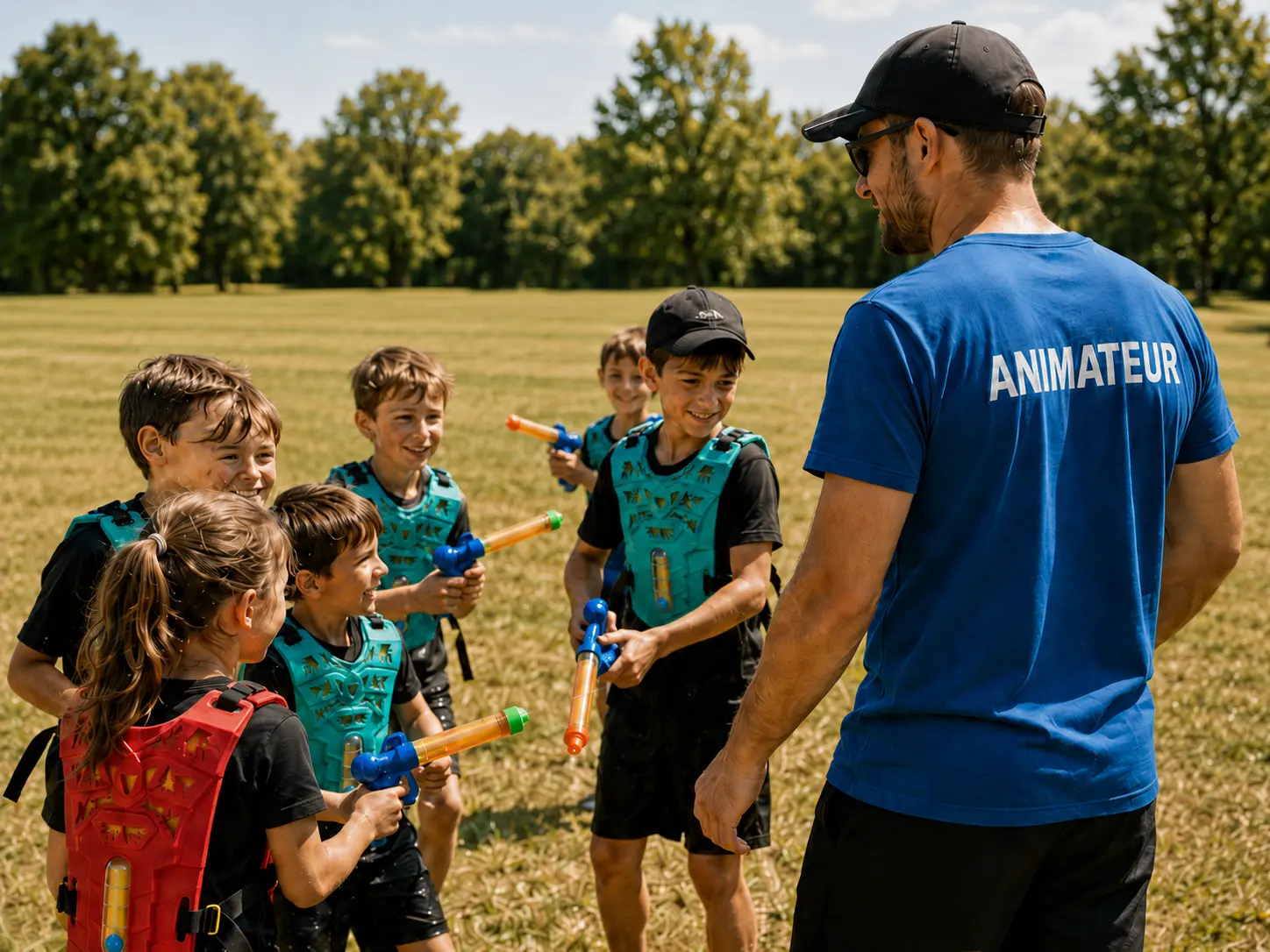 Animateur encadrant un groupe d’enfants avant une activité Watertag en extérieur