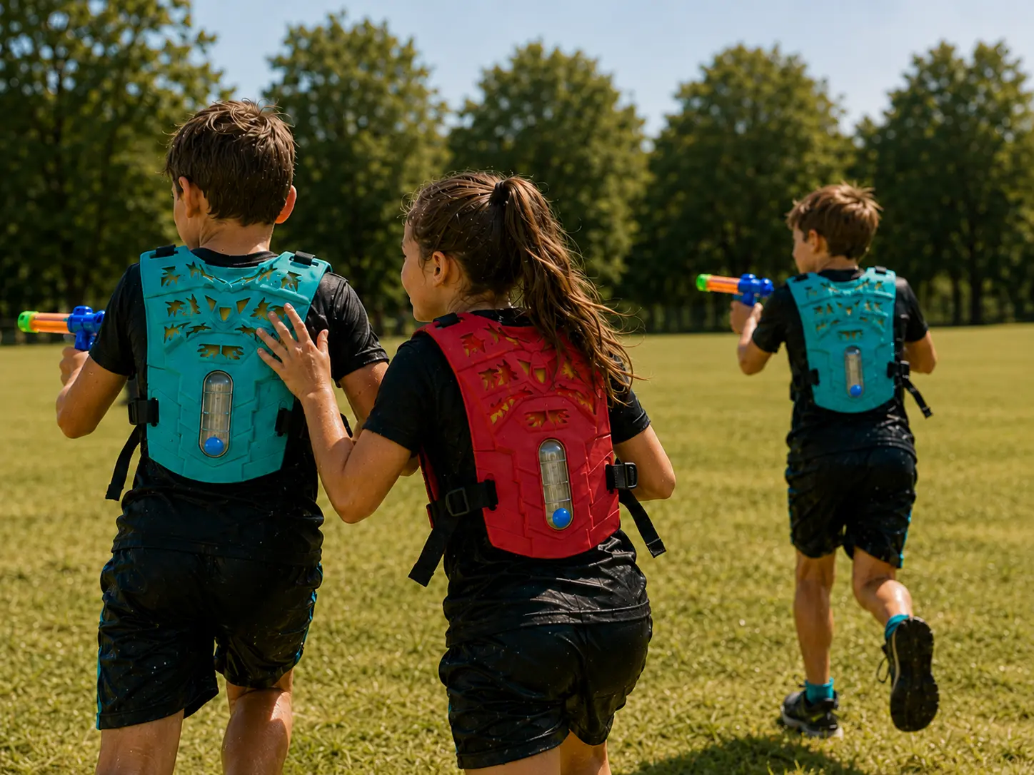 Enfants avançant en équipe pendant un jeu d’eau collectif Watertag