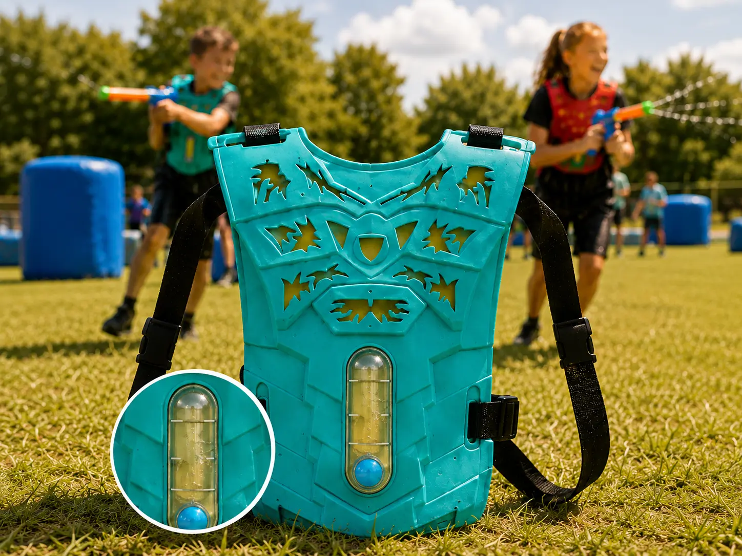 Plastron Watertag avec jauge d’eau visible pour jeu collectif stratégique enfants