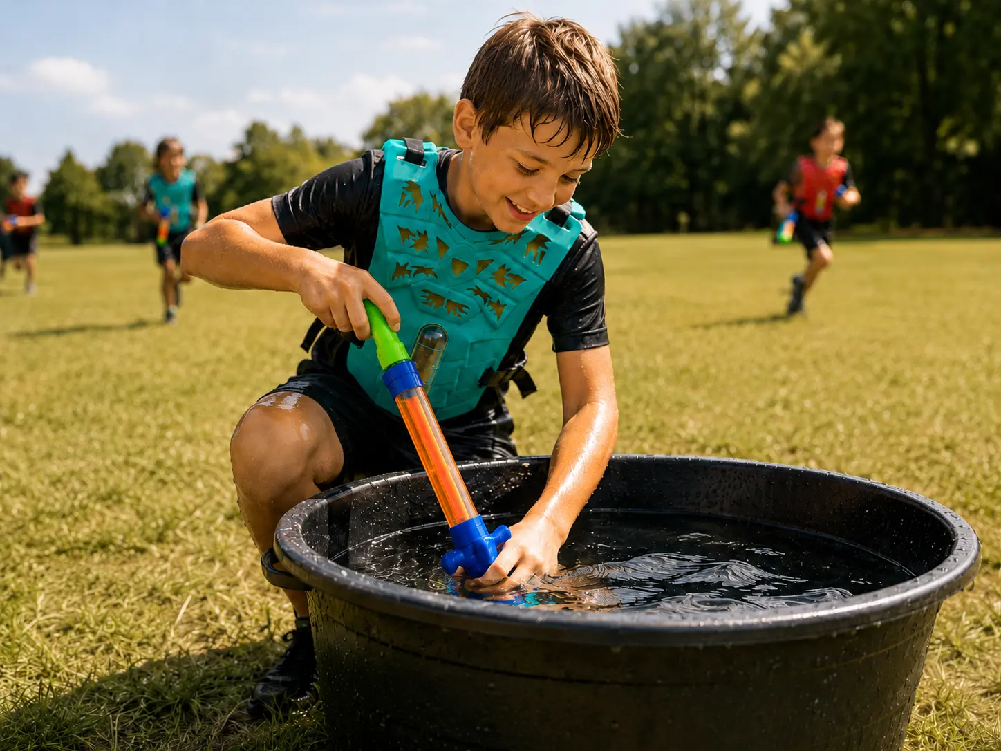 Enfants en stratégie d’équipe pendant une activité Watertag en plein air