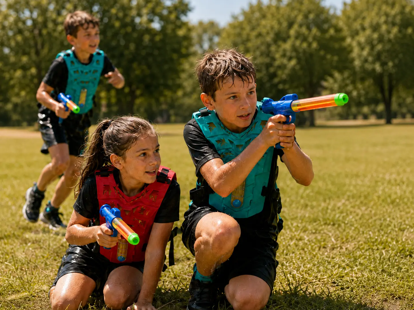 Enfants en stratégie d’équipe pendant une activité Watertag en plein air