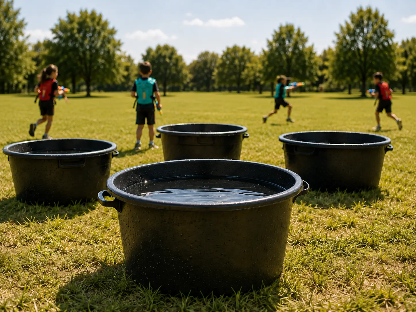 Bassines de ravitaillement pour une activité Watertag en extérieur avec enfants