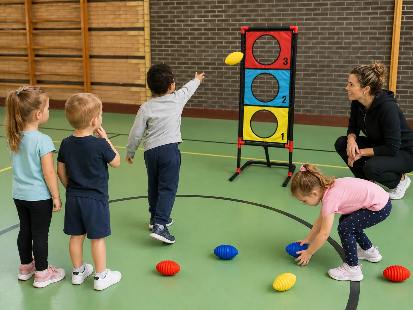 Enfants de moins de 6 ans utilisant la cible Cardiogoal compacte avec des ballons spiralés colorés.