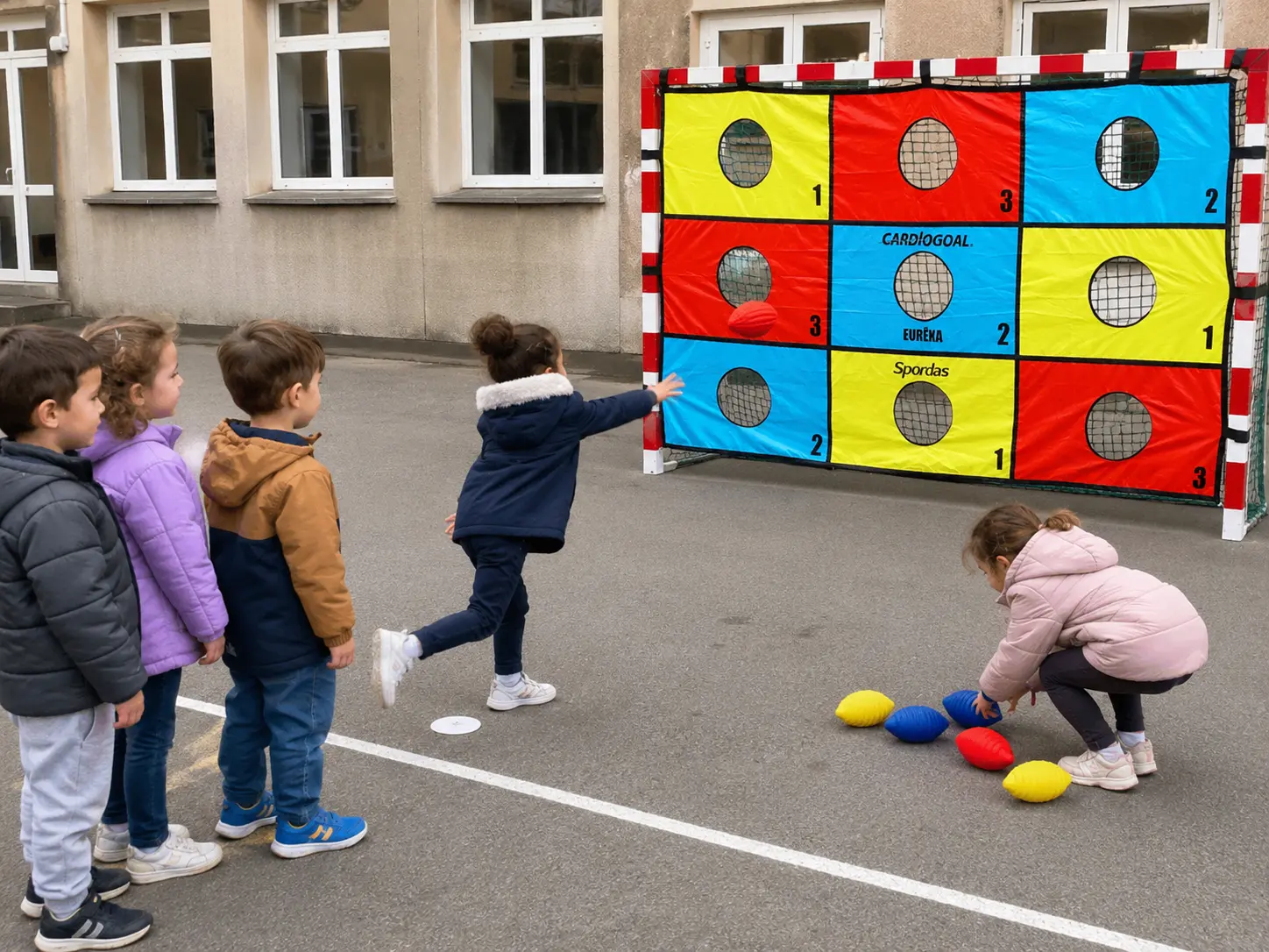 Atelier de lancer en relais avec le mur Eurêka Cardiogoal dans une cour d’école.