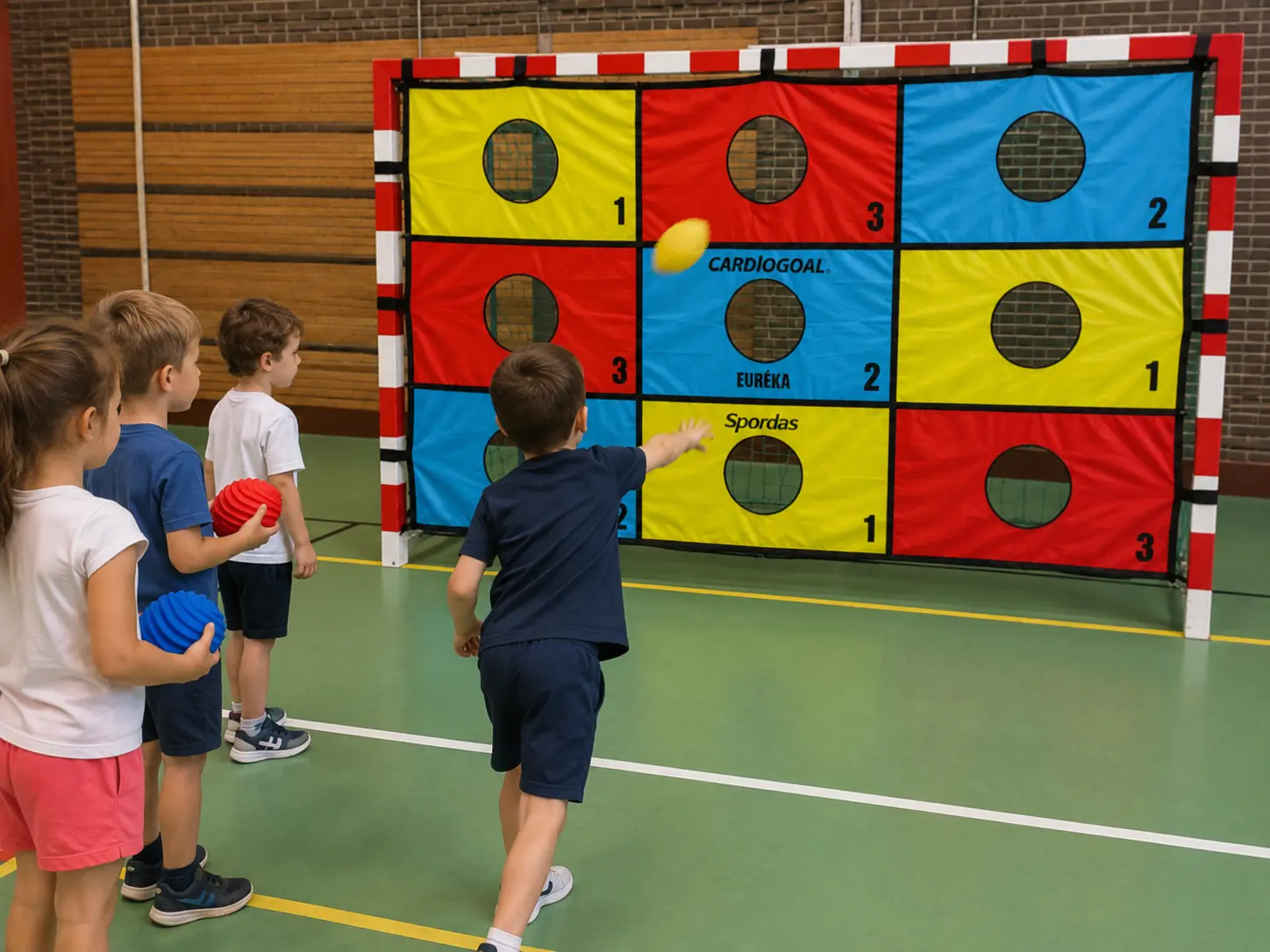 maternelle.jpg
Enfants de maternelle lançant un ballon spiralé vers le mur Eurêka Cardiogoal installé dans un but de handball.
