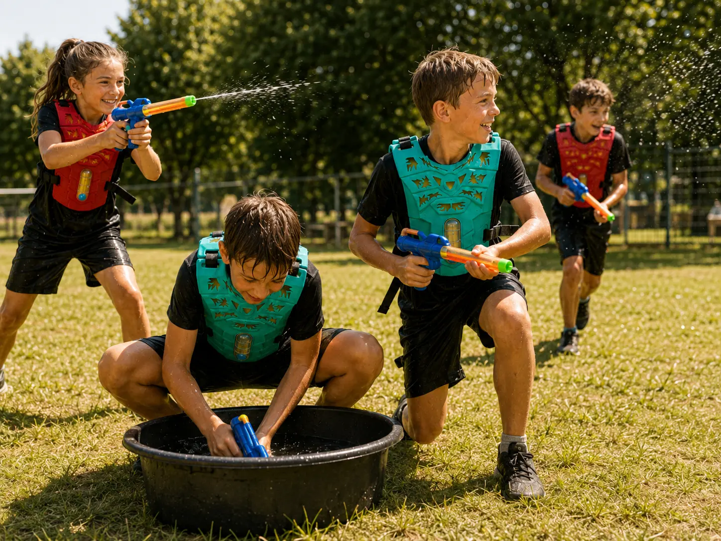 Enfants jouant au Watertag en équipe avec ravitaillement et protection pendant une activité d’eau structurée en extérieur