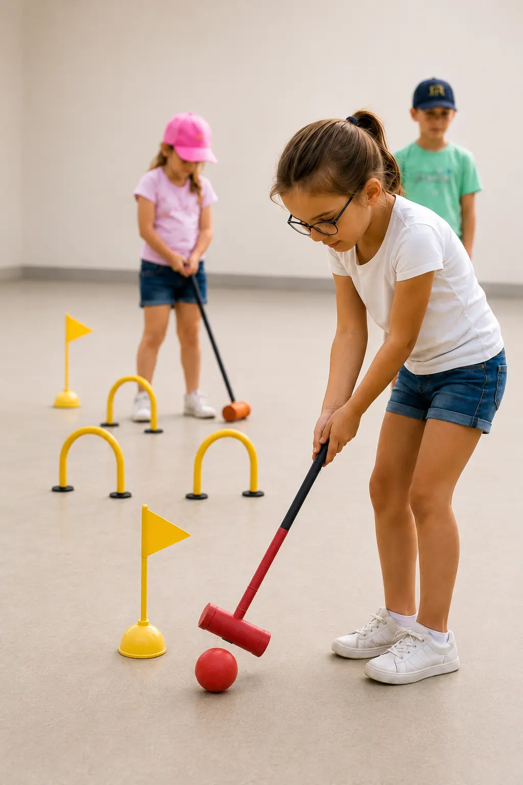 Enfants jouant au croquet en intérieur lors d'une animation ludique et stratégique avec arceaux, balles colorées et maillets adaptés aux centres de loisirs.
