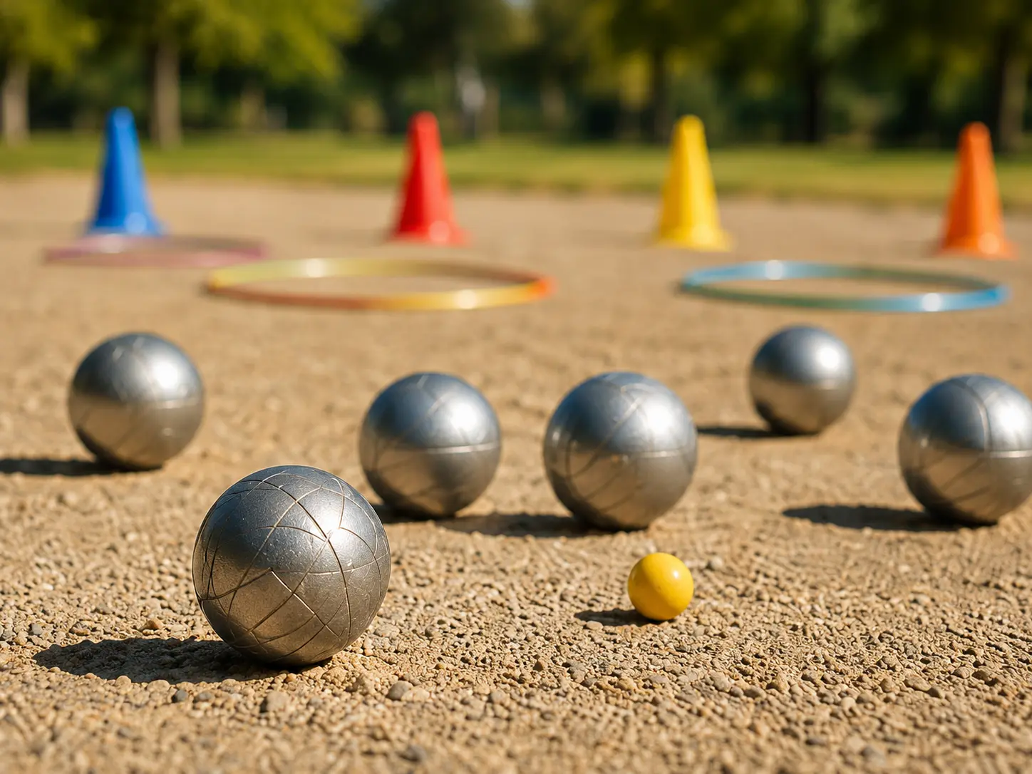 Boules de pétanque et cochonnet installés sur un terrain extérieur avec plots et cerceaux pour un atelier d’adresse