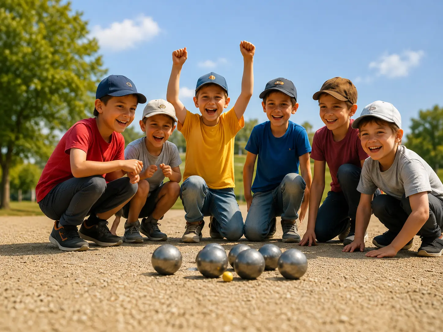 Groupe d’enfants souriants autour de boules de pétanque après une activité d’adresse en extérieur