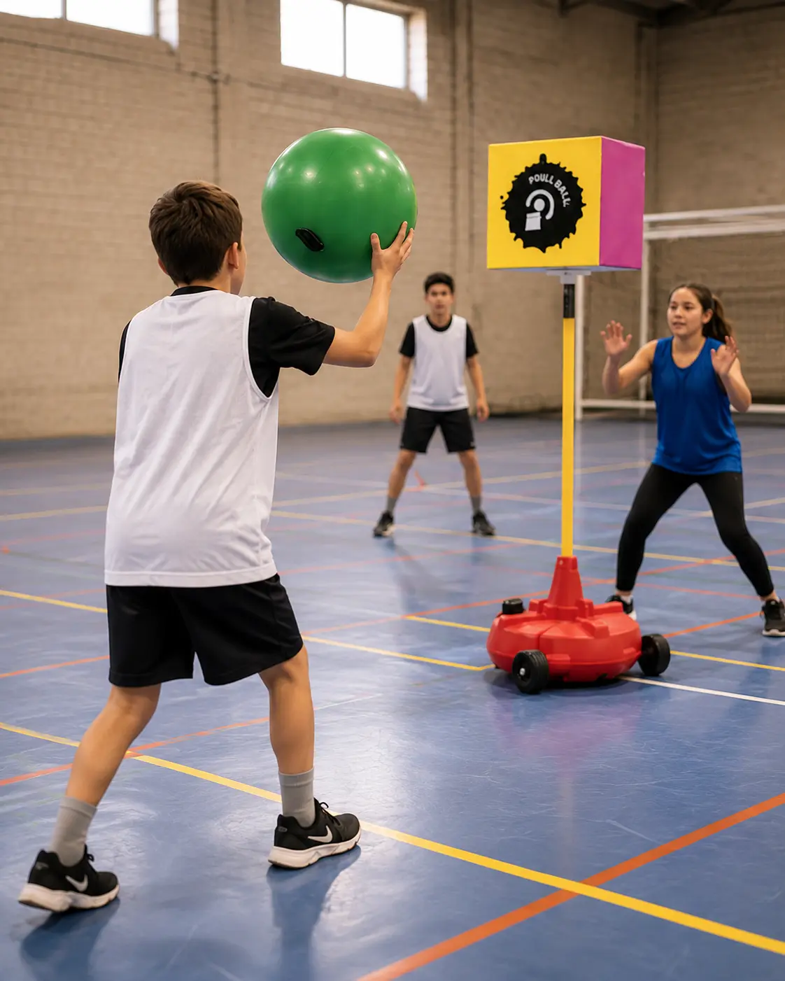 Enfant tenant un ballon de Poull Ball face à une cible pendant une activité sportive coopérative