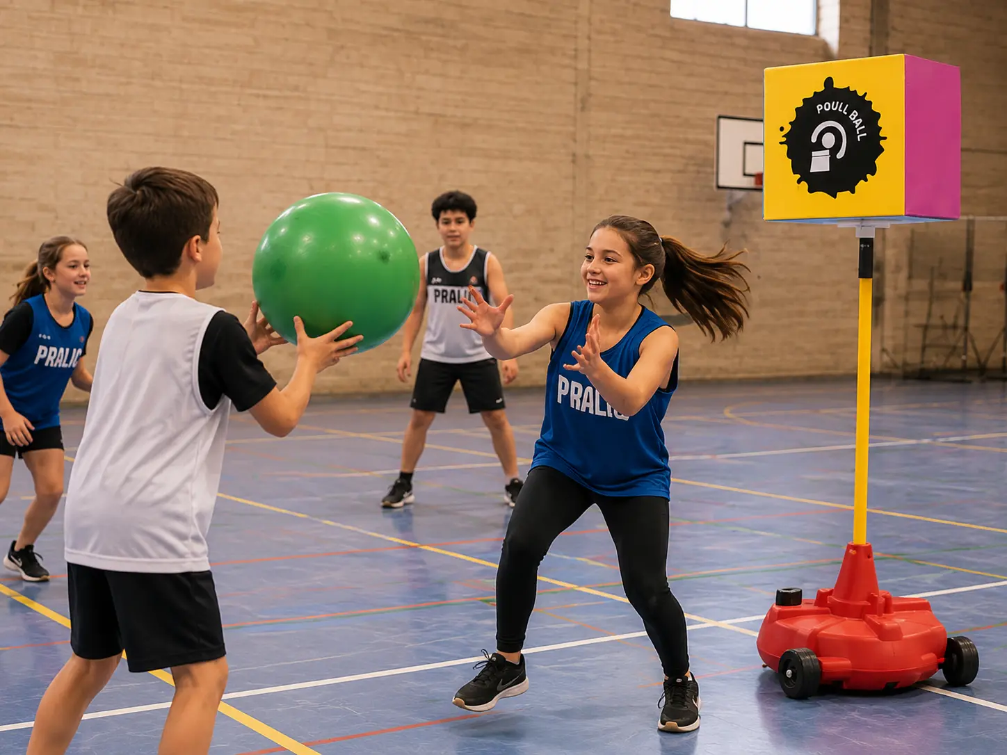 Enfants jouant au Poull Ball en gymnase avec ballon vert et cible renversable