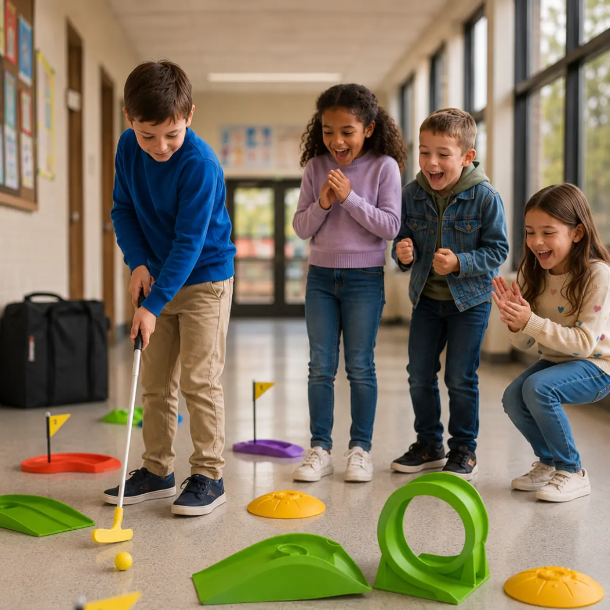 enfants célébrant une victoire au mini-golf