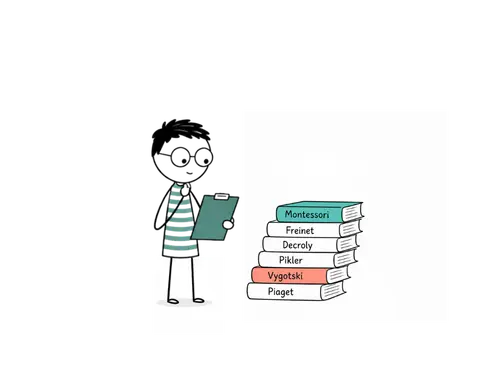 Professionnel observant une sélection d’ouvrages consacrés aux grandes théories pédagogiques de Montessori, Freinet, Decroly, Pikler, Vygotski et Piaget